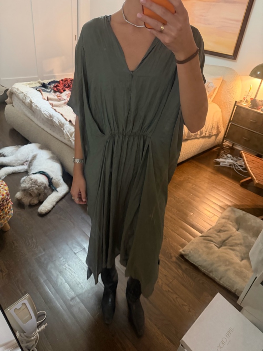 Raquel Allegra Olive V-Neck Gathered Midi Dress